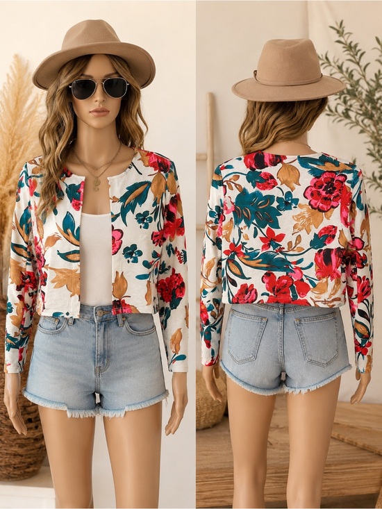 Jackets & Blazers - 🆕 Floral Button-Front Crop Cardigan - Teal, Pink & Tan Floral